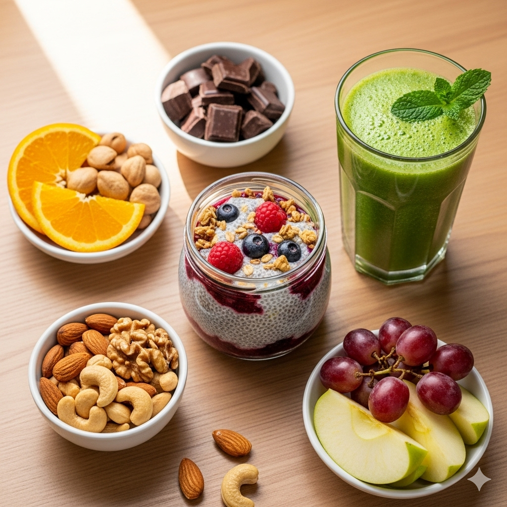 میانوعده سالم, میانوعده محل کار, انرژی و تمرکز, شکلات رژیمی, دانه چیا, آجیل و مغزها, میوه تازه و خشک, ماست و غلات, سبزیجات و هوموس, اسموتی سالم